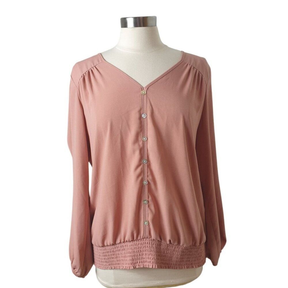Apt. 9 Womens Y2K Smocked Hem Blouse L Pink Blush V-Neck Button-Front Pleated